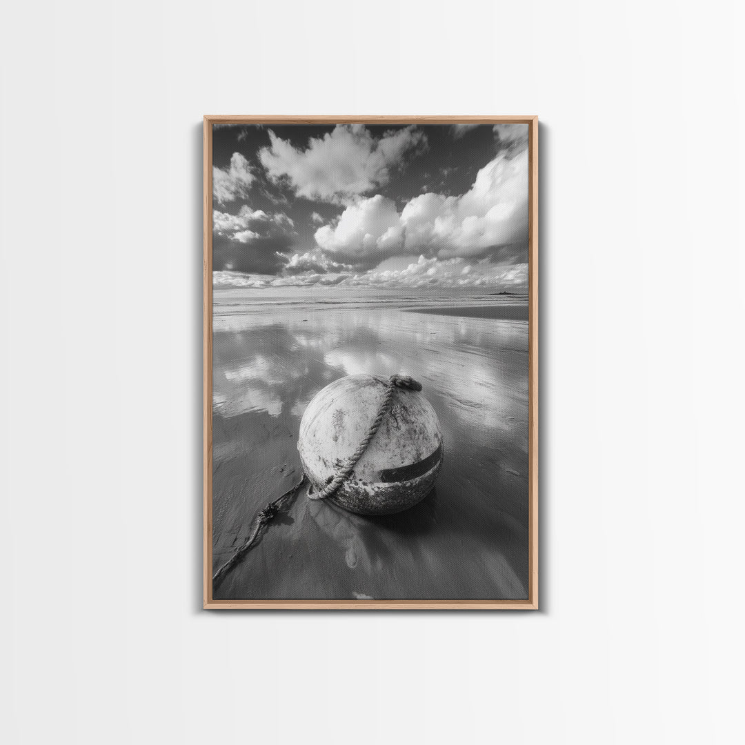 Washed buoy shore, coastal solitude, beach reflections, nautical simplicity, Framed Canvas Print, guest room art, seaside rustic wall decor