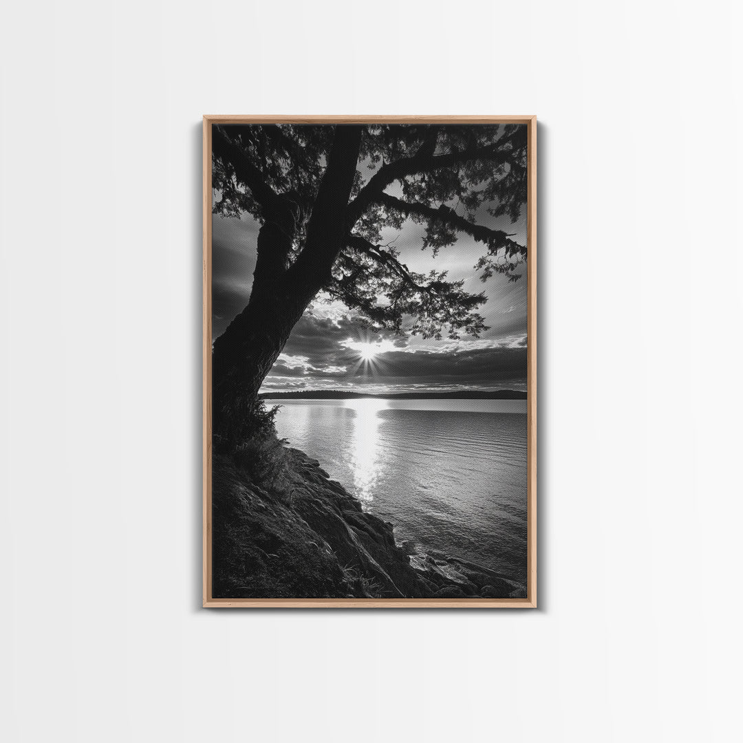 Tranquil Lake Sunset, Tree Silhouette, Calm Waters, Canvas Print, Nature Inspired Wall Art, Relaxing Bedroom Decor, Minimalist Zen