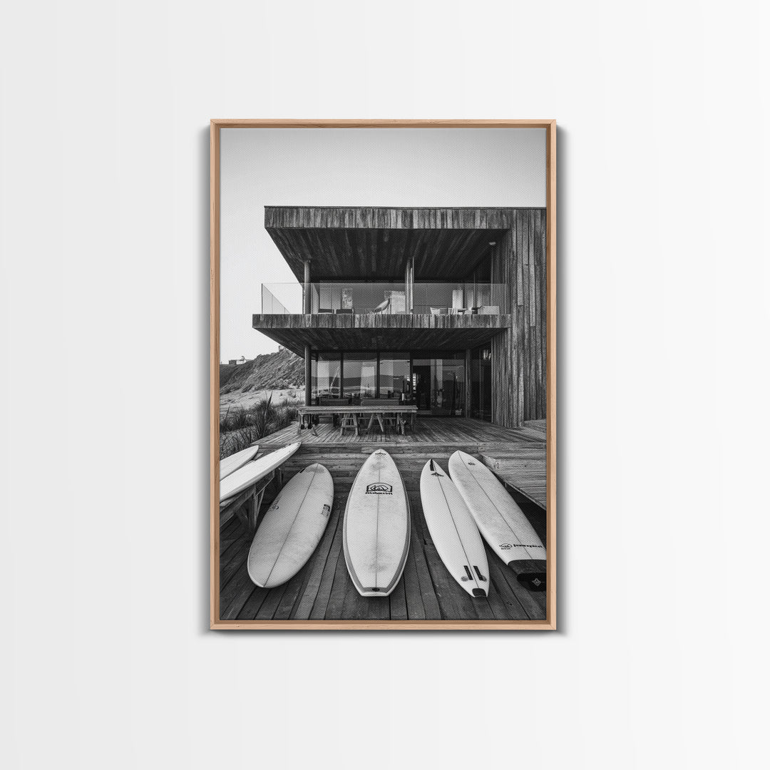 Surf Shack, Beach House, Modern Architecture, Coastal Lifestyle, Framed Canvas Print, Living Room Art, Nautical Wall Decor, Surf Wall Art