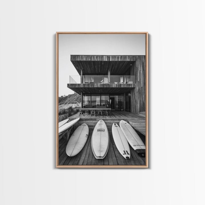 Surf Shack, Beach House, Modern Architecture, Coastal Lifestyle, Framed Canvas Print, Living Room Art, Nautical Wall Decor, Surf Wall Art