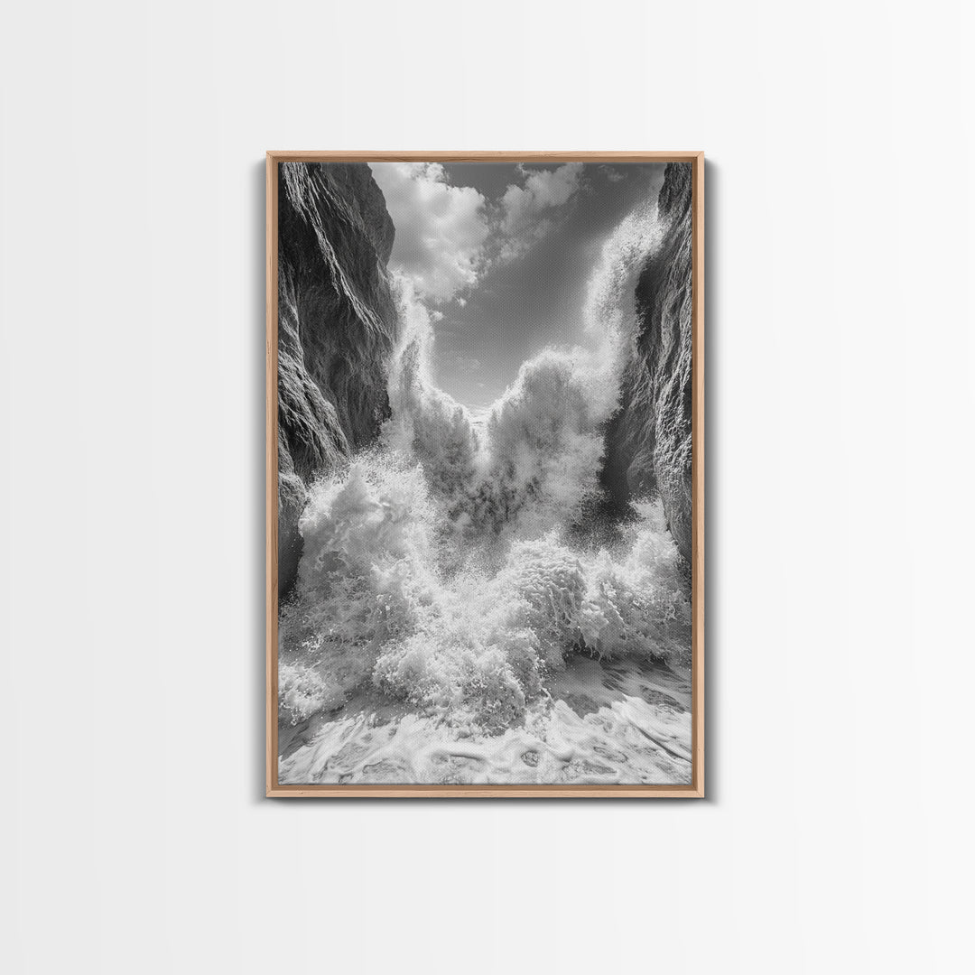 Ocean Splash, Cliff Waves, Nature Power, Dramatic Seascape, Framed Canvas Print, Living Room Statement, Black and White Wall Art