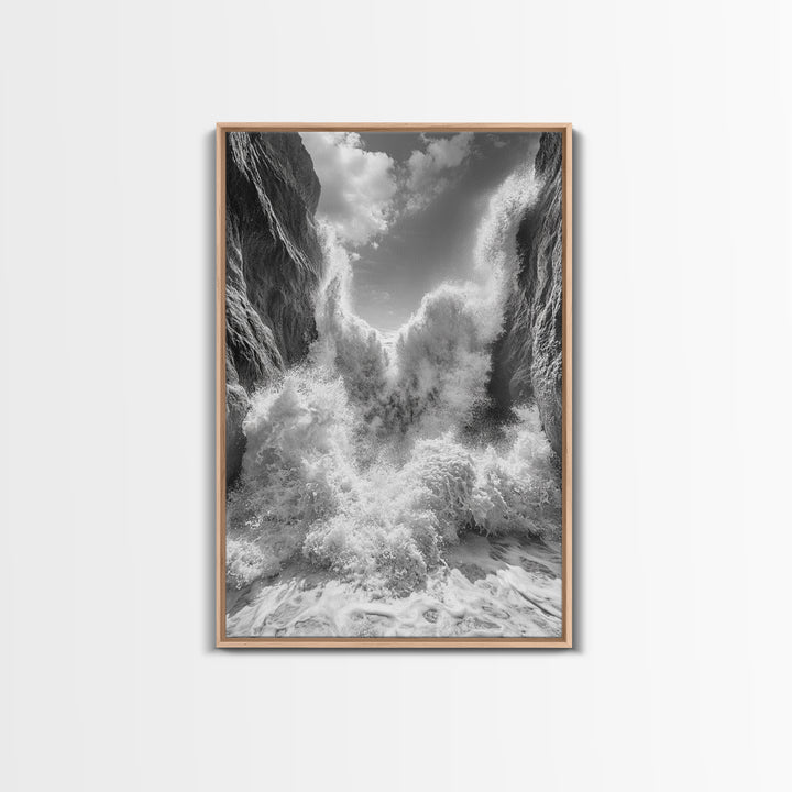 Ocean Splash, Cliff Waves, Nature Power, Dramatic Seascape, Framed Canvas Print, Living Room Statement, Black and White Wall Art