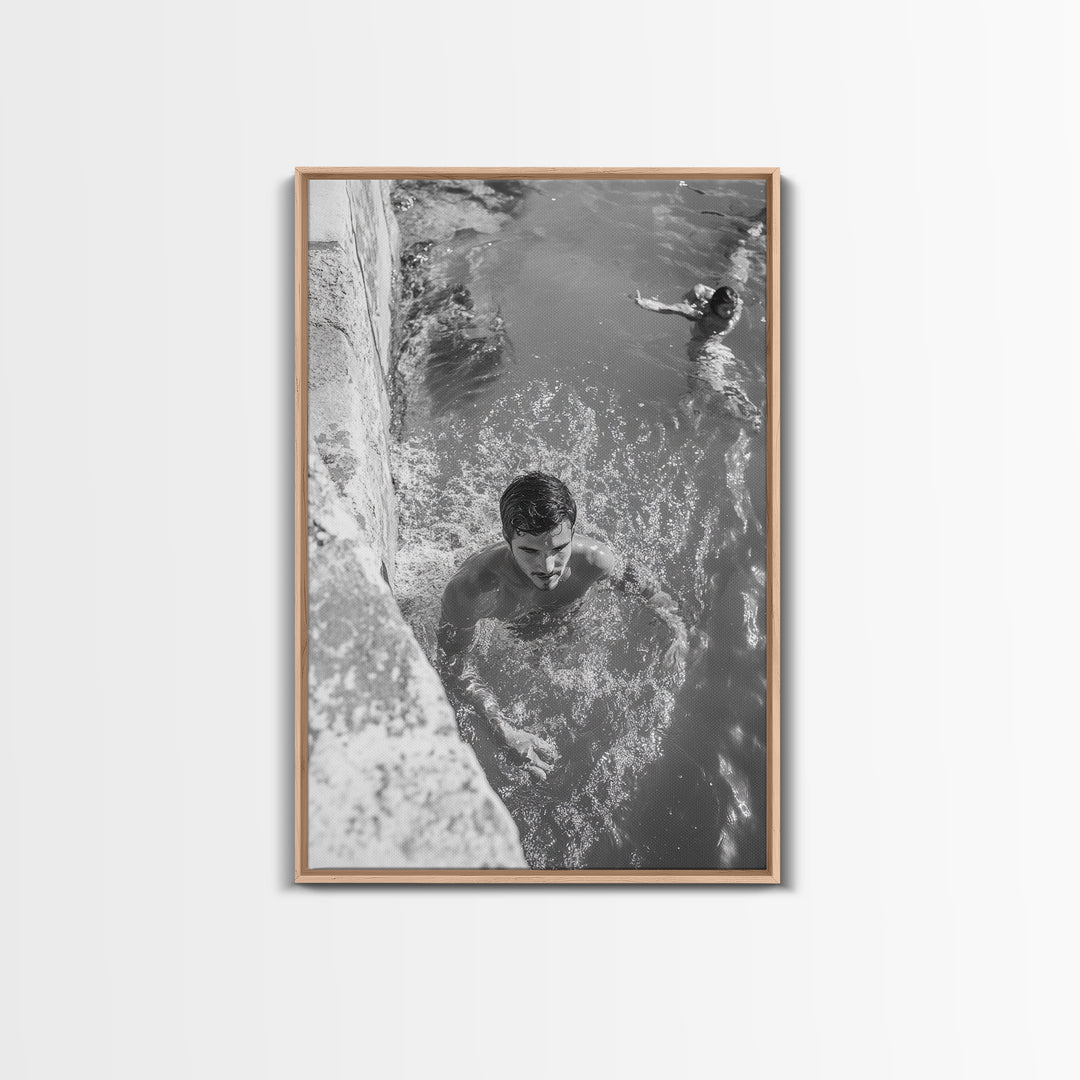 Swimmers, Summer Water, Beach Moment, Candid Photography, Framed Canvas Print, Bathroom Wall Art, Youthful Energetic Decor