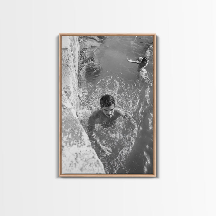 Swimmers, Summer Water, Beach Moment, Candid Photography, Framed Canvas Print, Bathroom Wall Art, Youthful Energetic Decor