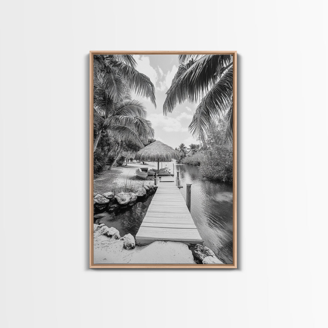 Tropical Dock, Island Escape, Palm Tree Beach, Secluded Lagoon, Canvas Print, Coastal Kitchen Art, Boho Tropical Wall Decor