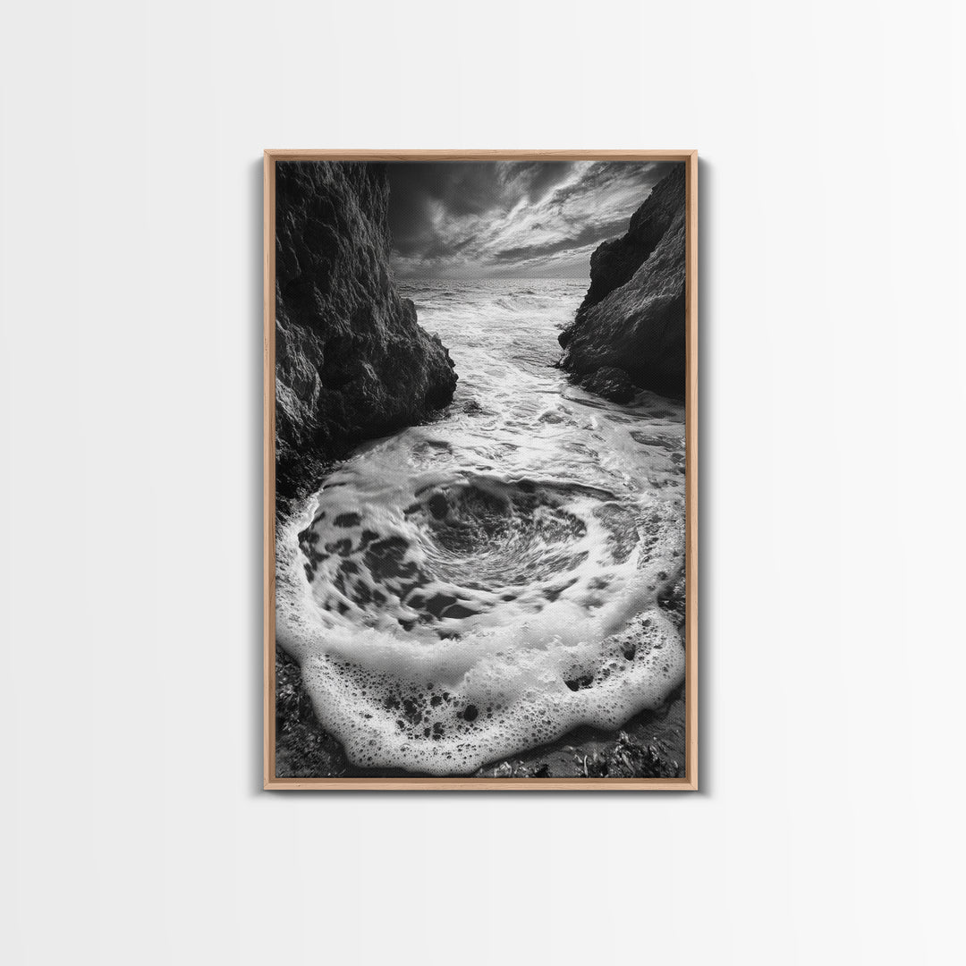 Sea Whirlpool, Dramatic Ocean, Coastal Rocks, Nature Motion, Framed Canvas Print, Bathroom Art, Modern Seaside Wall Decor