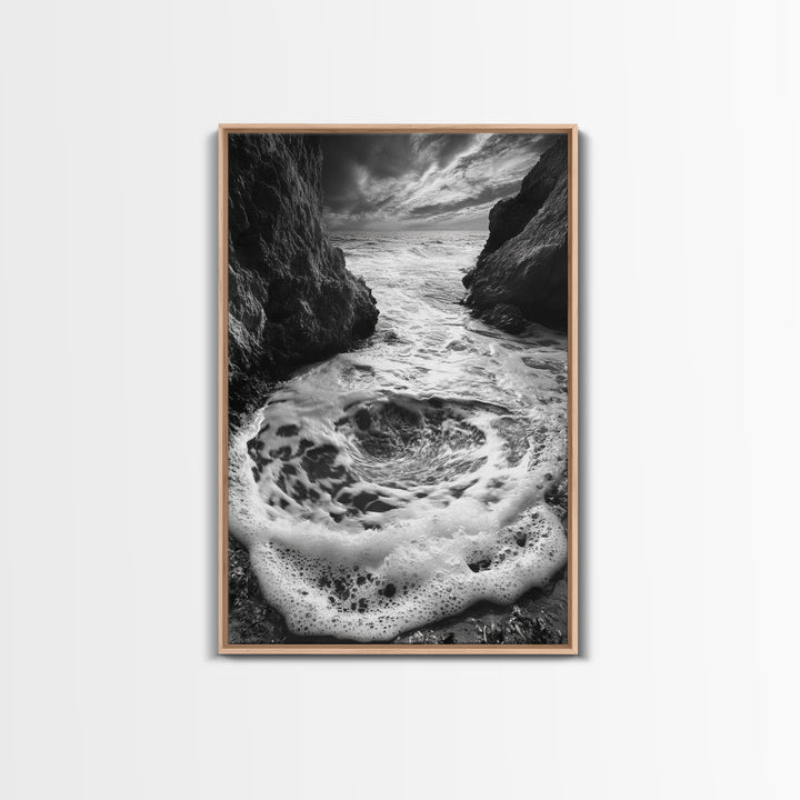 Sea Whirlpool, Dramatic Ocean, Coastal Rocks, Nature Motion, Framed Canvas Print, Bathroom Art, Modern Seaside Wall Decor