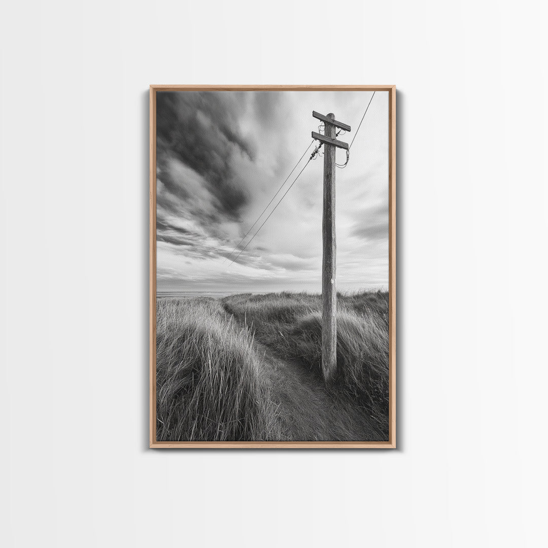 Coastal Path, Telephone Pole, Cloudy Sky, Minimal Nature Scene, Canvas Print, Entryway Wall Art, Rustic Landscape Photography Decor