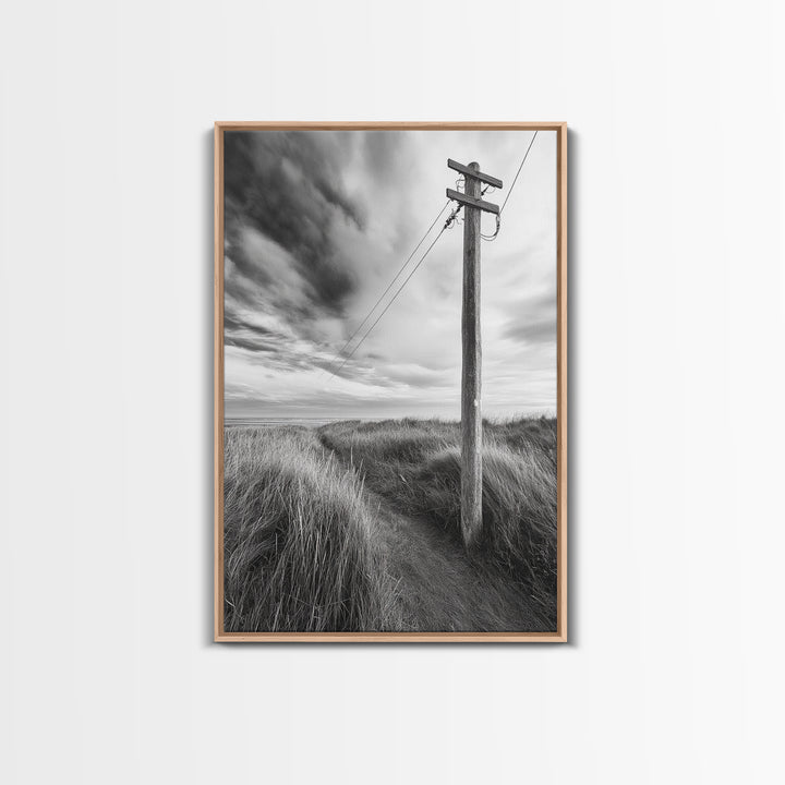 Coastal Path, Telephone Pole, Cloudy Sky, Minimal Nature Scene, Canvas Print, Entryway Wall Art, Rustic Landscape Photography Decor