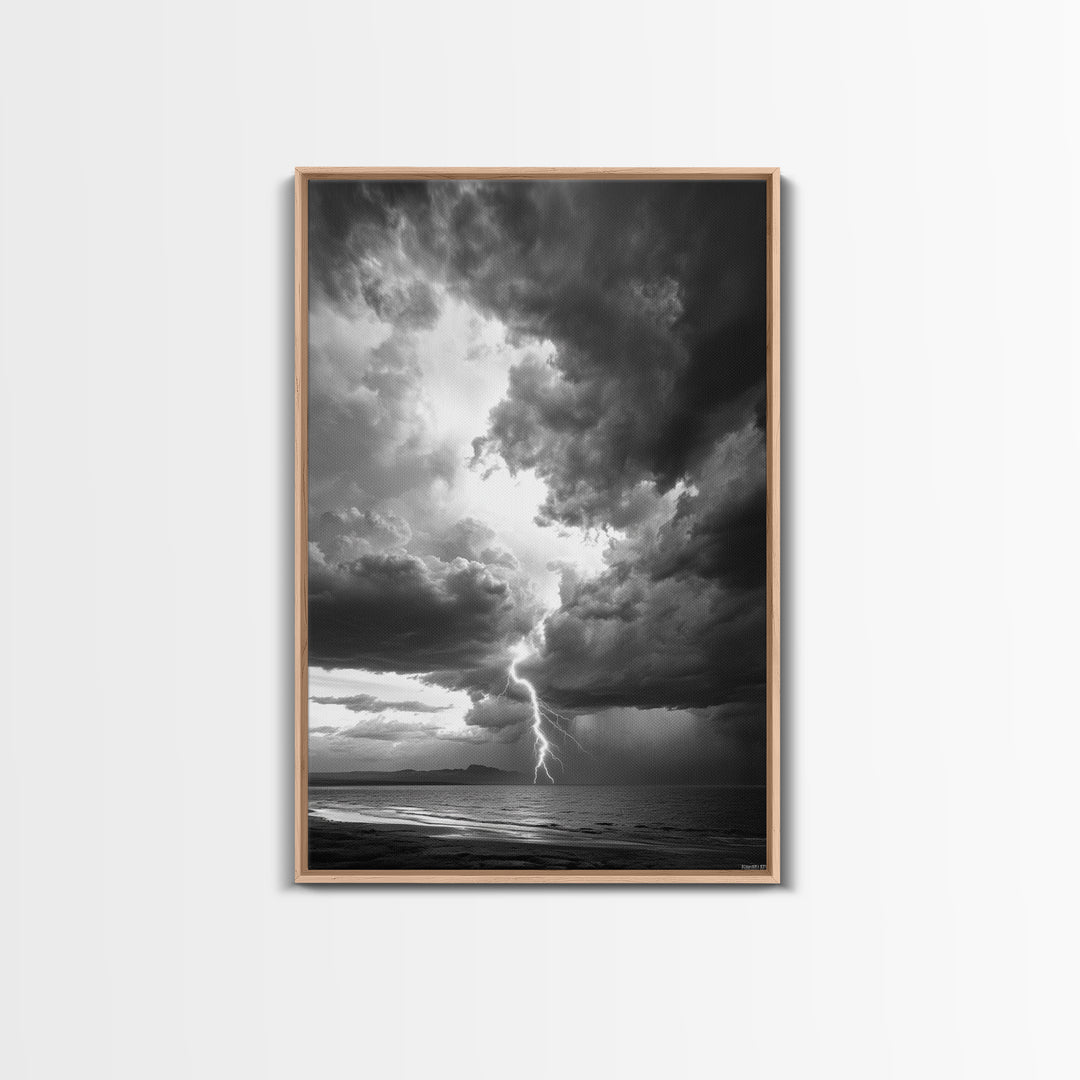 Lightning Strike Beach, Stormy Sky Photography, Dramatic Landscape, Office Wall Art, Nature Scene, Framed Canvas Print, Bold Wall Decor