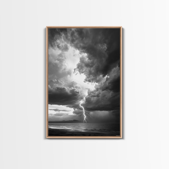 Lightning Strike Beach, Stormy Sky Photography, Dramatic Landscape, Office Wall Art, Nature Scene, Framed Canvas Print, Bold Wall Decor