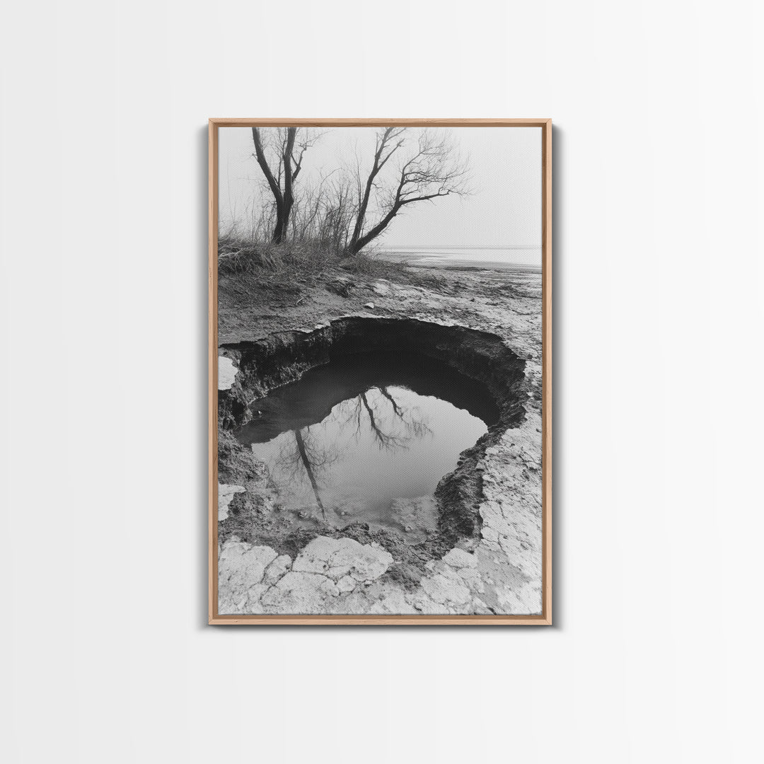 Reflected Trees Pool, Black White Nature, Moody Autumn Wall Art, Rustic Minimalist Style, Framed Canvas Print, Entryway Home Decor