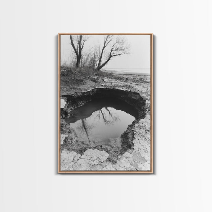 Reflected Trees Pool, Black White Nature, Moody Autumn Wall Art, Rustic Minimalist Style, Framed Canvas Print, Entryway Home Decor