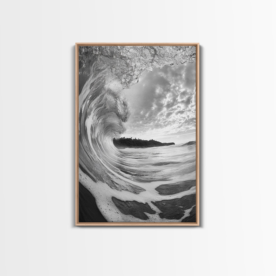 Ocean Wave Tunnel, Surfer's Eye View, Coastal Landscape, Bathroom Wall Art, Adventure Vibes, Framed Canvas Print, Black White Photography