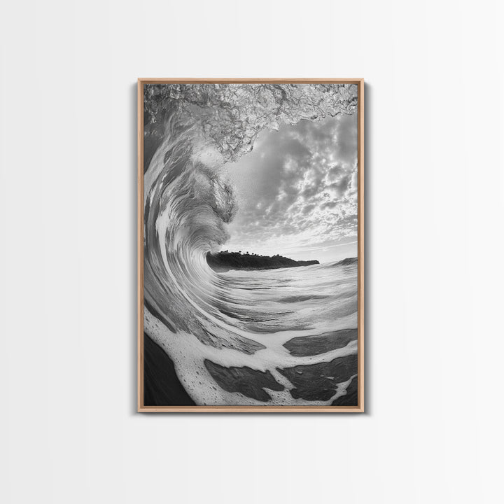 Ocean Wave Tunnel, Surfer's Eye View, Coastal Landscape, Bathroom Wall Art, Adventure Vibes, Framed Canvas Print, Black White Photography