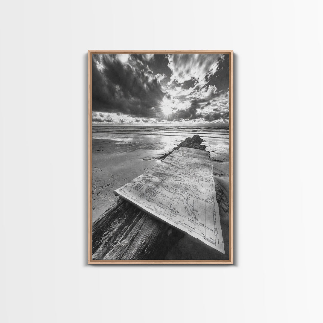 Map On Beach, Travel Adventure Art, Wanderlust Decor, Coastal Office Style, Framed Canvas Print, Explorer Aesthetic, Black White Scene