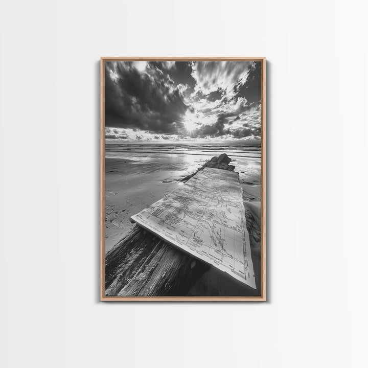 Map On Beach, Travel Adventure Art, Wanderlust Decor, Coastal Office Style, Framed Canvas Print, Explorer Aesthetic, Black White Scene