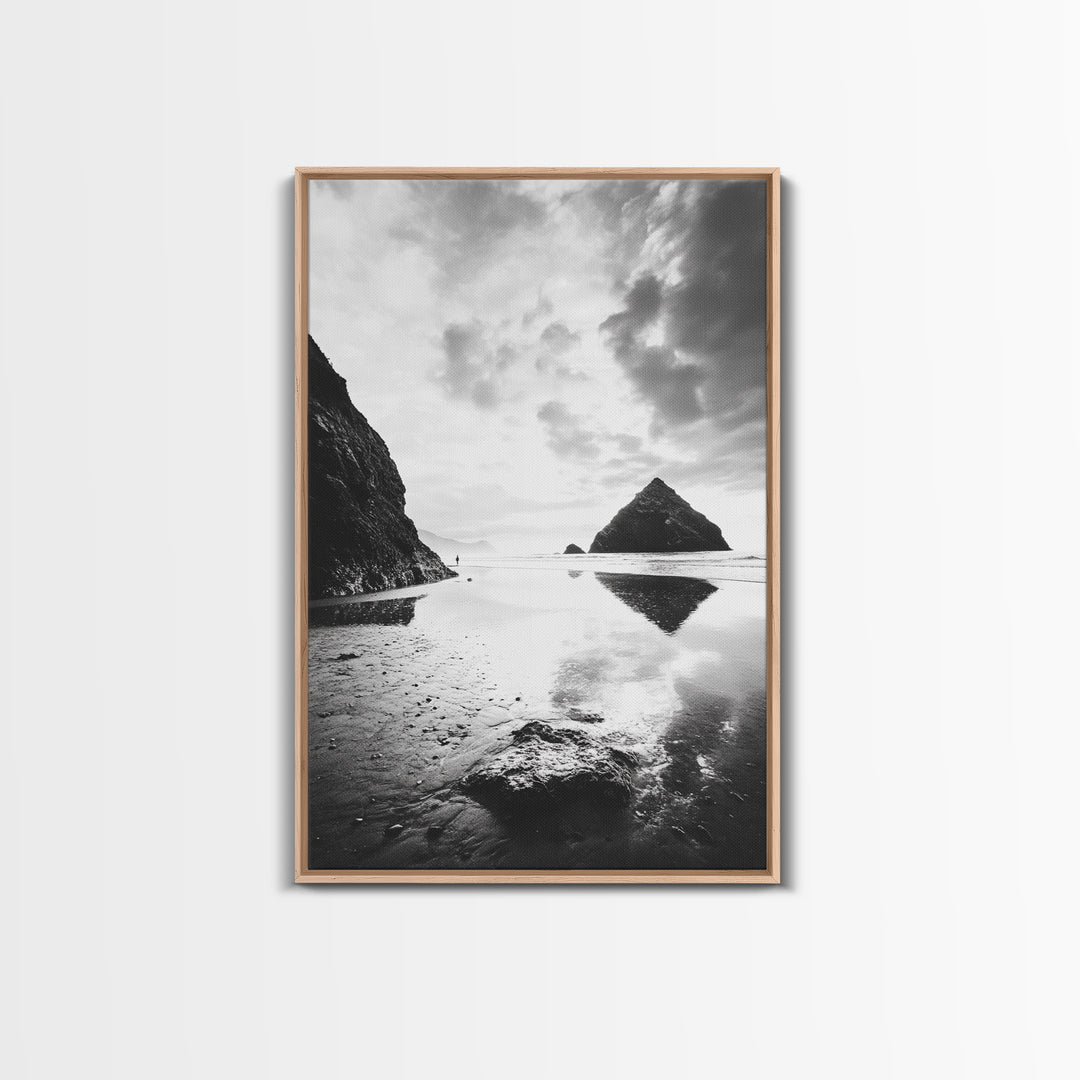 Remote beach reflection, lone hiker wanderlust, coastal rockscape, black white dreamscape, Framed Canvas Print, living room moody decor