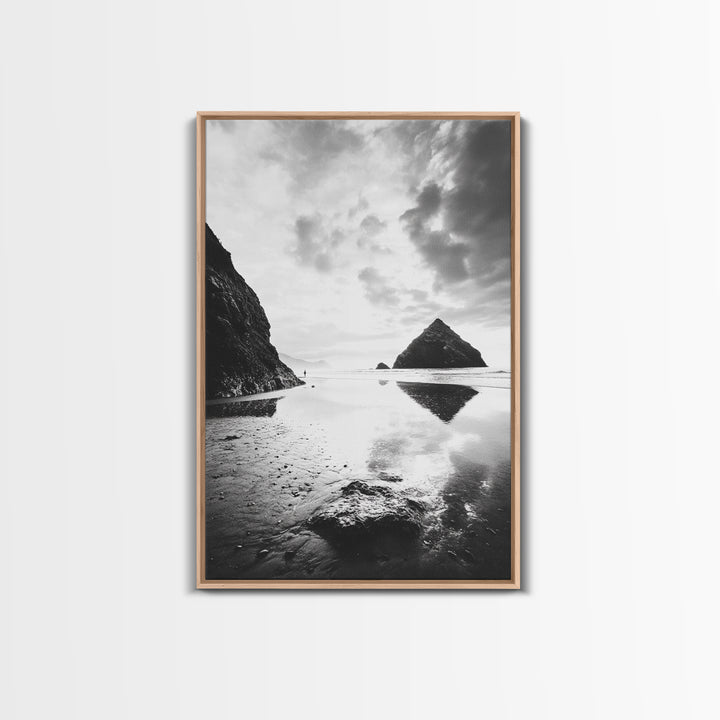 Remote beach reflection, lone hiker wanderlust, coastal rockscape, black white dreamscape, Framed Canvas Print, living room moody decor