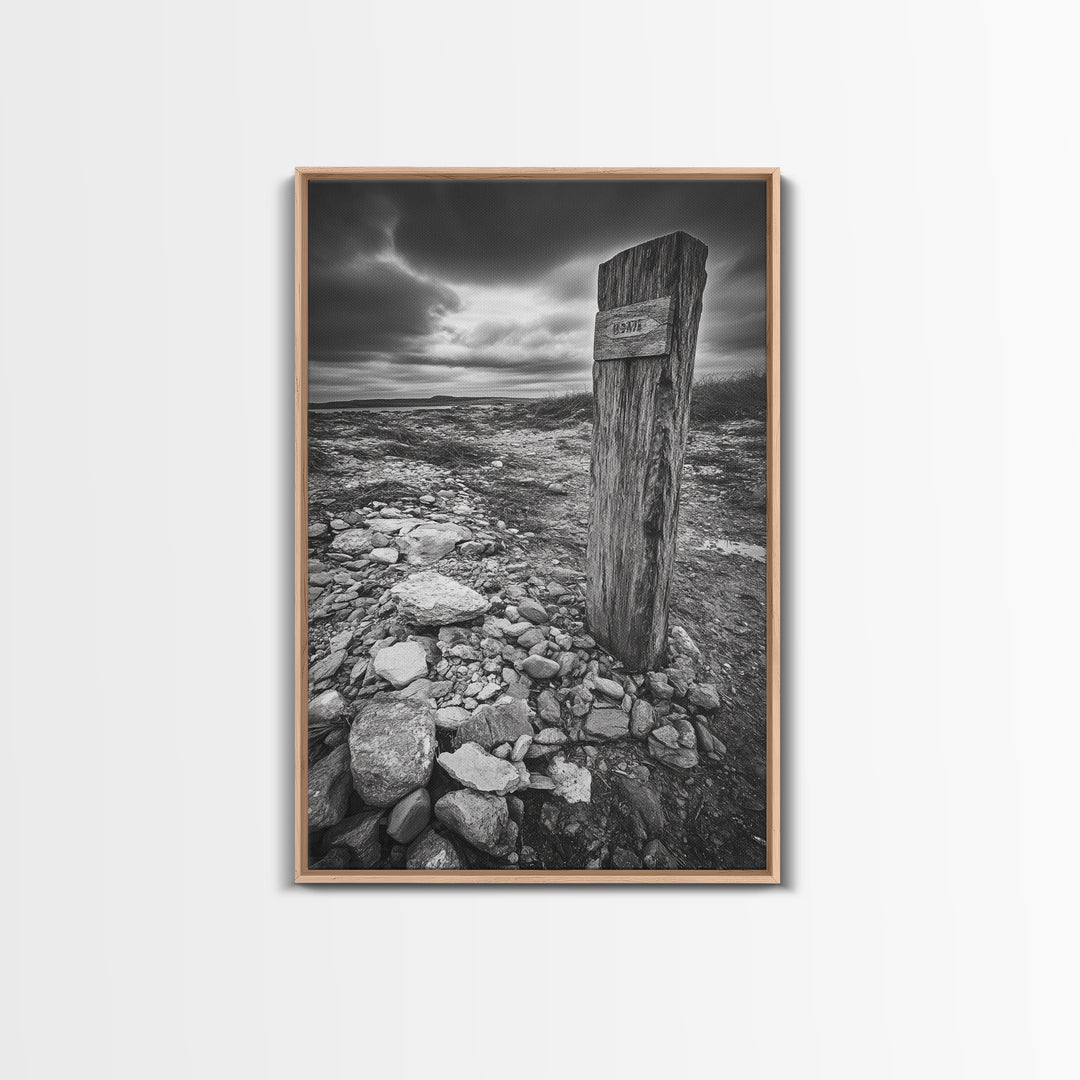 Weathered Exit, Symbolic Marker, Coastal Path, Canvas Print, Rustic Wall Art, Moody Landscape Decor, Entryway Statement Piece