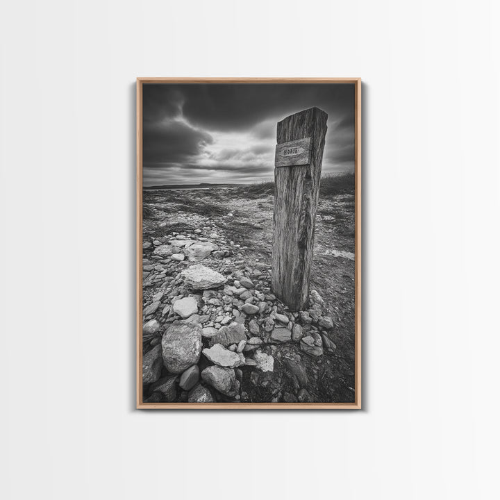 Weathered Exit, Symbolic Marker, Coastal Path, Canvas Print, Rustic Wall Art, Moody Landscape Decor, Entryway Statement Piece