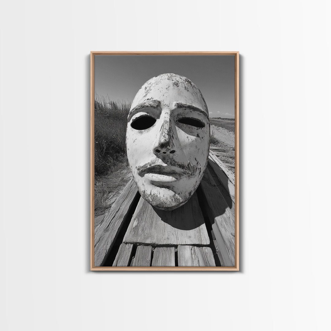 Weathered Mask, Coastal Surreal, Driftwood Dream, Canvas Print, Abstract Wall Art, Rustic Home Decor, Boho Artistic Style