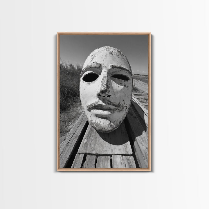 Weathered Mask, Coastal Surreal, Driftwood Dream, Canvas Print, Abstract Wall Art, Rustic Home Decor, Boho Artistic Style