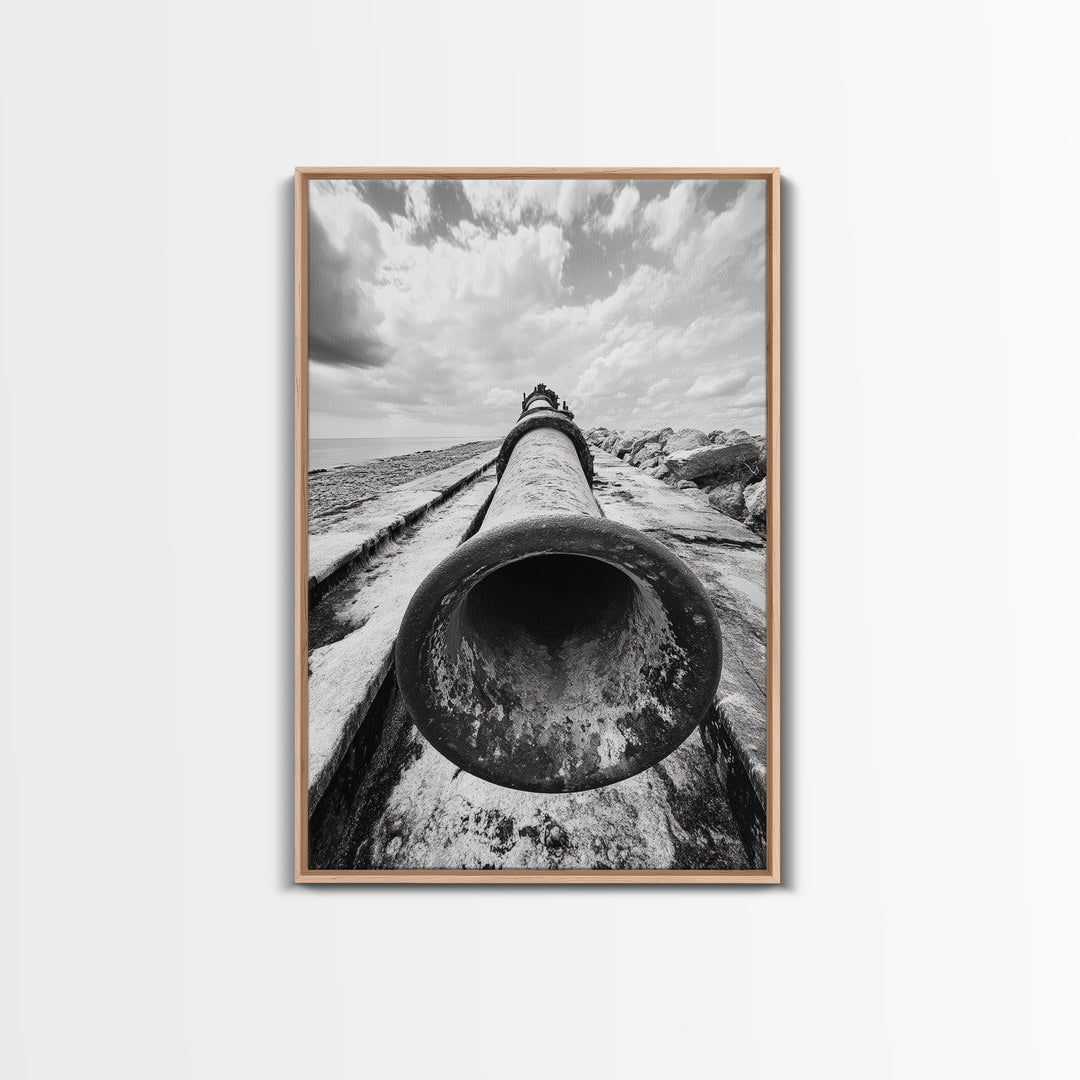 Abandoned Pipe, Coastal Decay, Industrial Remains, Framed Canvas Print, Urban Exploration Art, Gritty Minimalist Decor