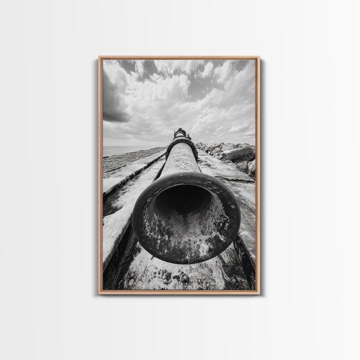 Abandoned Pipe, Coastal Decay, Industrial Remains, Framed Canvas Print, Urban Exploration Art, Gritty Minimalist Decor