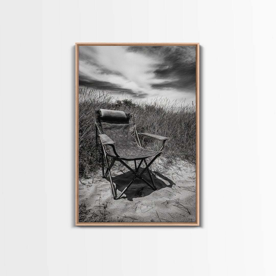 Deserted beach chair, quiet coast vibes, windswept scene, peaceful solitude, Canvas Print, hallway decor, rustic retreat outdoor artwork