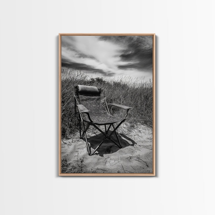 Deserted beach chair, quiet coast vibes, windswept scene, peaceful solitude, Canvas Print, hallway decor, rustic retreat outdoor artwork
