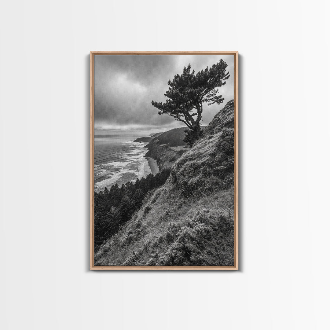 Lone Tree, Ocean Bluff, Windy Coastline, Canvas Print, Coastal Landscape Wall Art, Moody Nature Decor, Minimalist Vibe, Coastal Wall Art