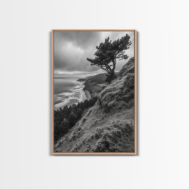 Lone Tree, Ocean Bluff, Windy Coastline, Canvas Print, Coastal Landscape Wall Art, Moody Nature Decor, Minimalist Vibe, Coastal Wall Art