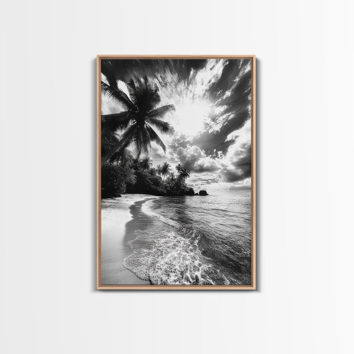 Tropical Sunset Beach, Palms and Waves, Cloudy Skies, Island Vibes, Framed Canvas Print, Coastal Wall Art, Beach House Decor
