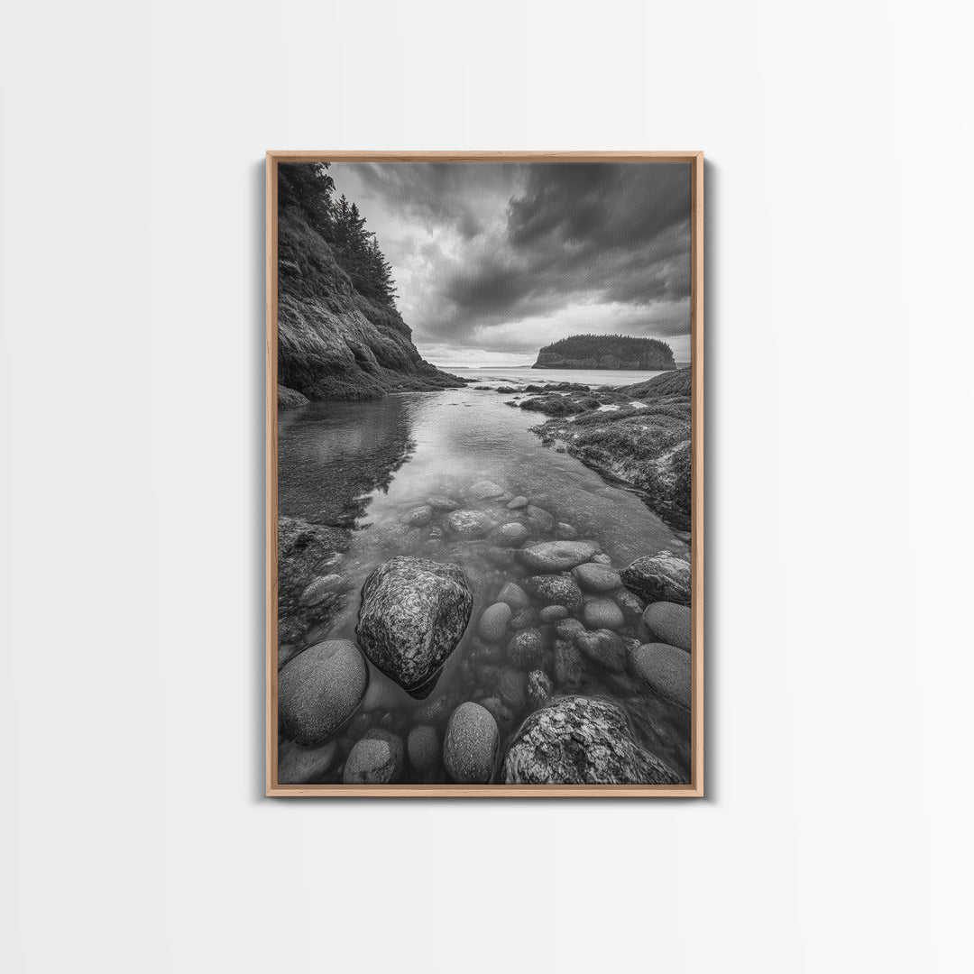 Rocky Shoreline Calm, Pebble Tidepool, Ocean Cliffs, Nature Escape, Canvas Print, Bathroom Wall Art, Black and White Coastal Art