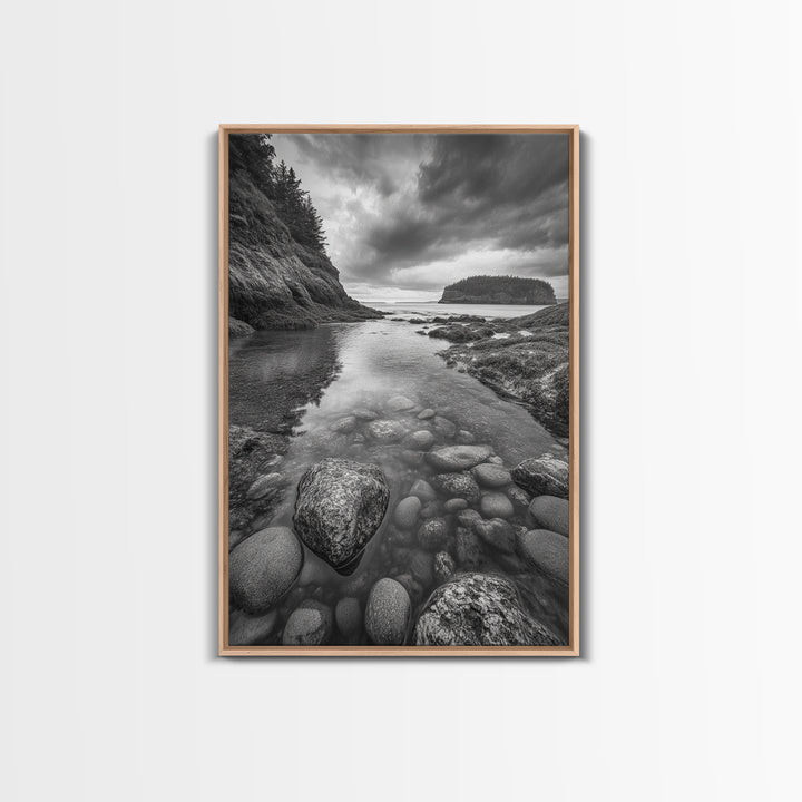 Rocky Shoreline Calm, Pebble Tidepool, Ocean Cliffs, Nature Escape, Canvas Print, Bathroom Wall Art, Black and White Coastal Art