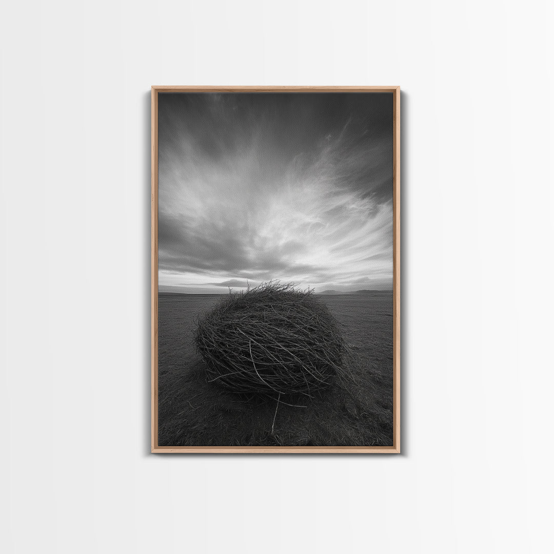 Twilight Field Nest, Tumbleweed Art, Desert Calm, Grassy Plains, Framed Canvas Print, Entryway Wall Art, Boho Nature Landscape