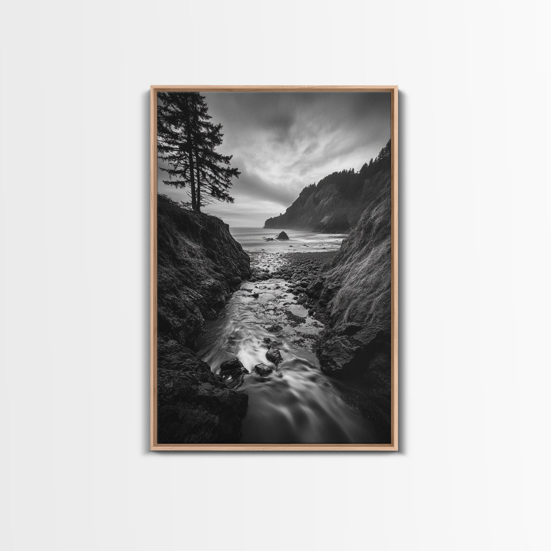 River Meets Sea, Forest Coast, Rugged Beauty, Sunset Flow, Canvas Print, Nature Wall Art, Moody Living Room Landscape