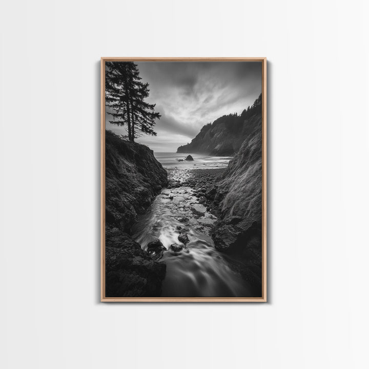 River Meets Sea, Forest Coast, Rugged Beauty, Sunset Flow, Canvas Print, Nature Wall Art, Moody Living Room Landscape
