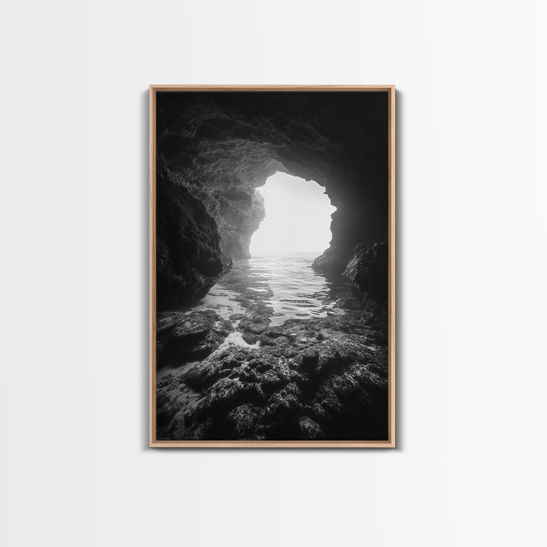 Sea Cave Entrance, Ocean Grotto, Light Escape, Rocky Tide, Canvas Print, Bathroom Wall Art, Black and White Seascape Photo