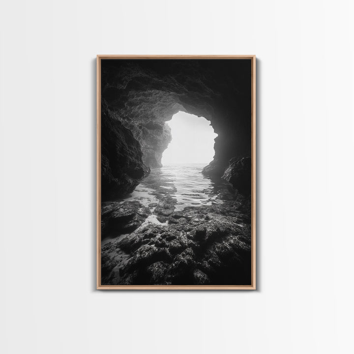 Sea Cave Entrance, Ocean Grotto, Light Escape, Rocky Tide, Canvas Print, Bathroom Wall Art, Black and White Seascape Photo