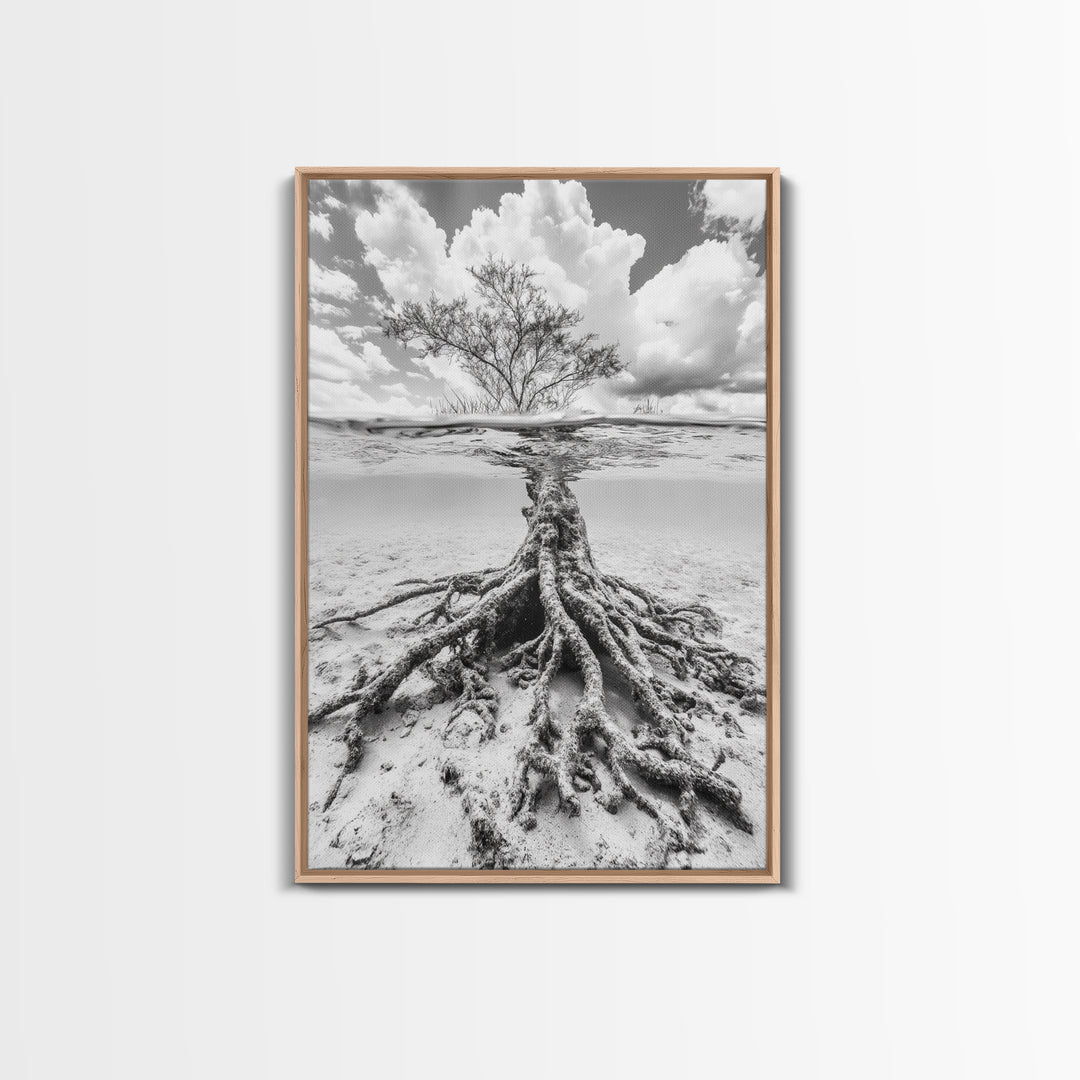 Half Underwater Tree, Split View Nature, Aquatic Roots, Stormy Skies, Framed Canvas Print, Coastal Wall Art, Unique Nature Photography