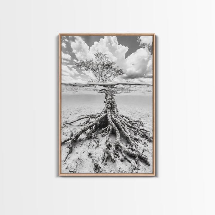 Half Underwater Tree, Split View Nature, Aquatic Roots, Stormy Skies, Framed Canvas Print, Coastal Wall Art, Unique Nature Photography