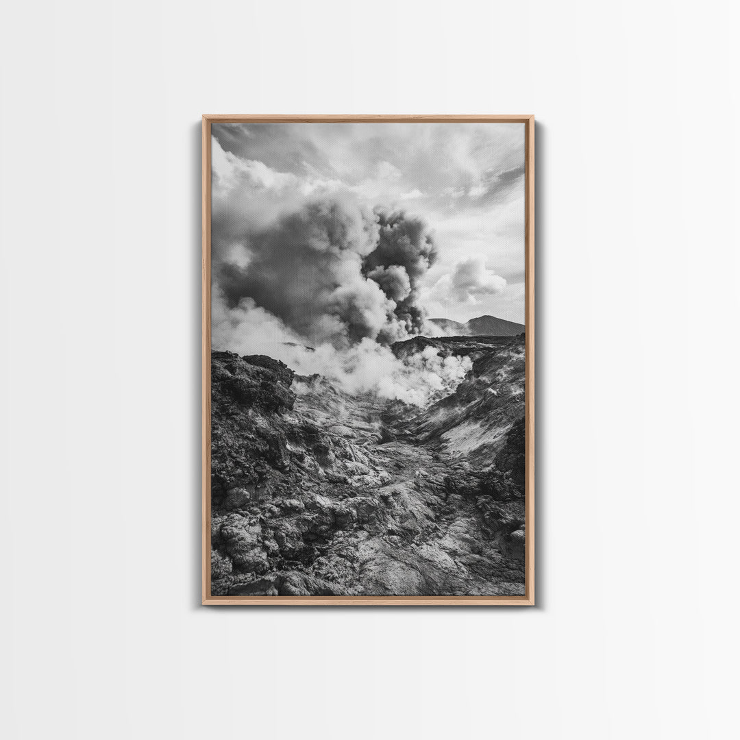 Volcanic Eruption Smoke, Lava Rocks, Earth Energy, Fiery Terrain, Framed Canvas Print, Office Wall Art, Dramatic Nature Landscape