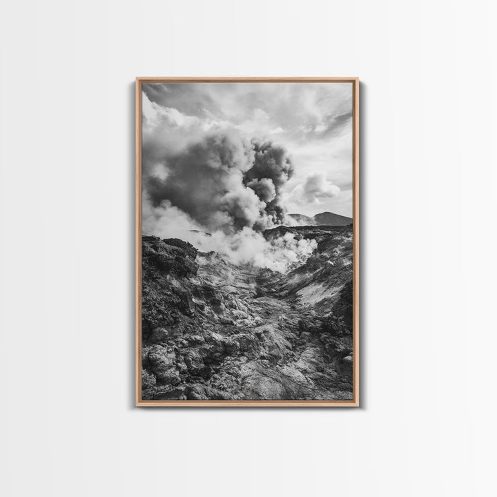 Volcanic Eruption Smoke, Lava Rocks, Earth Energy, Fiery Terrain, Framed Canvas Print, Office Wall Art, Dramatic Nature Landscape
