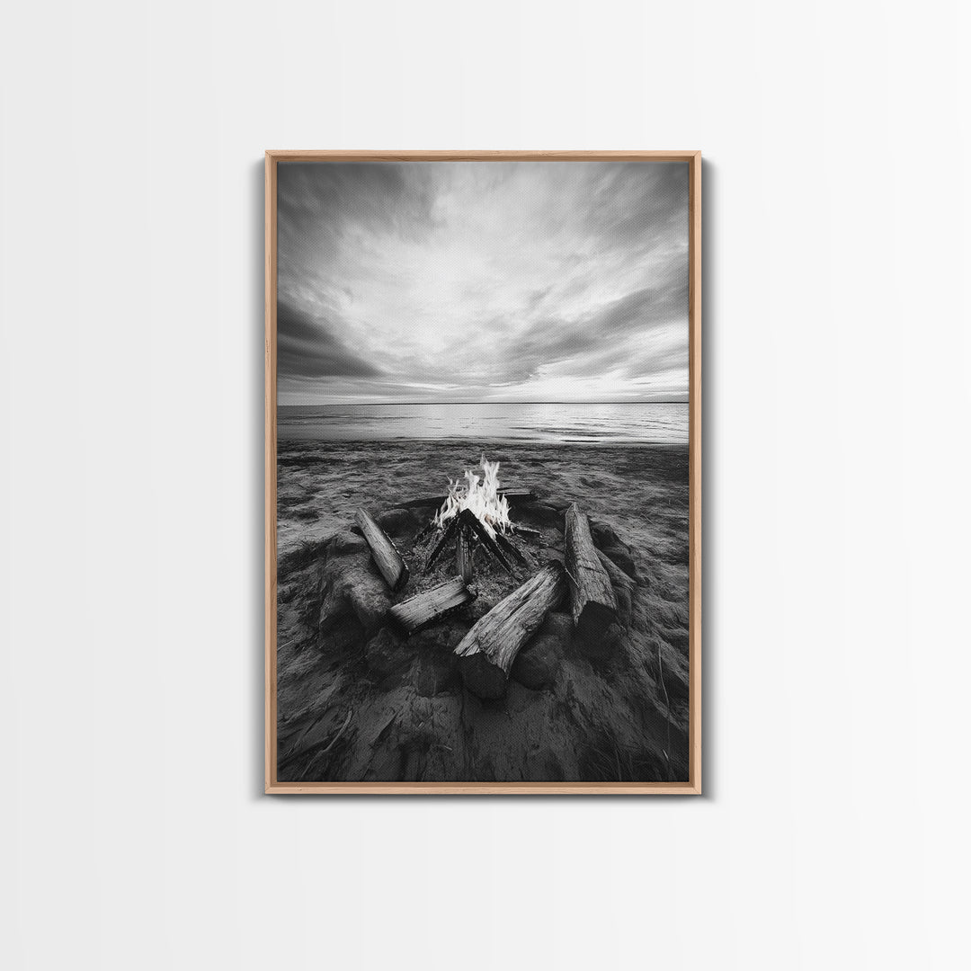 Coastal campfire glow, serene seaside bonfire, sunset flames, sandy warmth, Framed Canvas Print, Fall decor, cozy cabin wall art