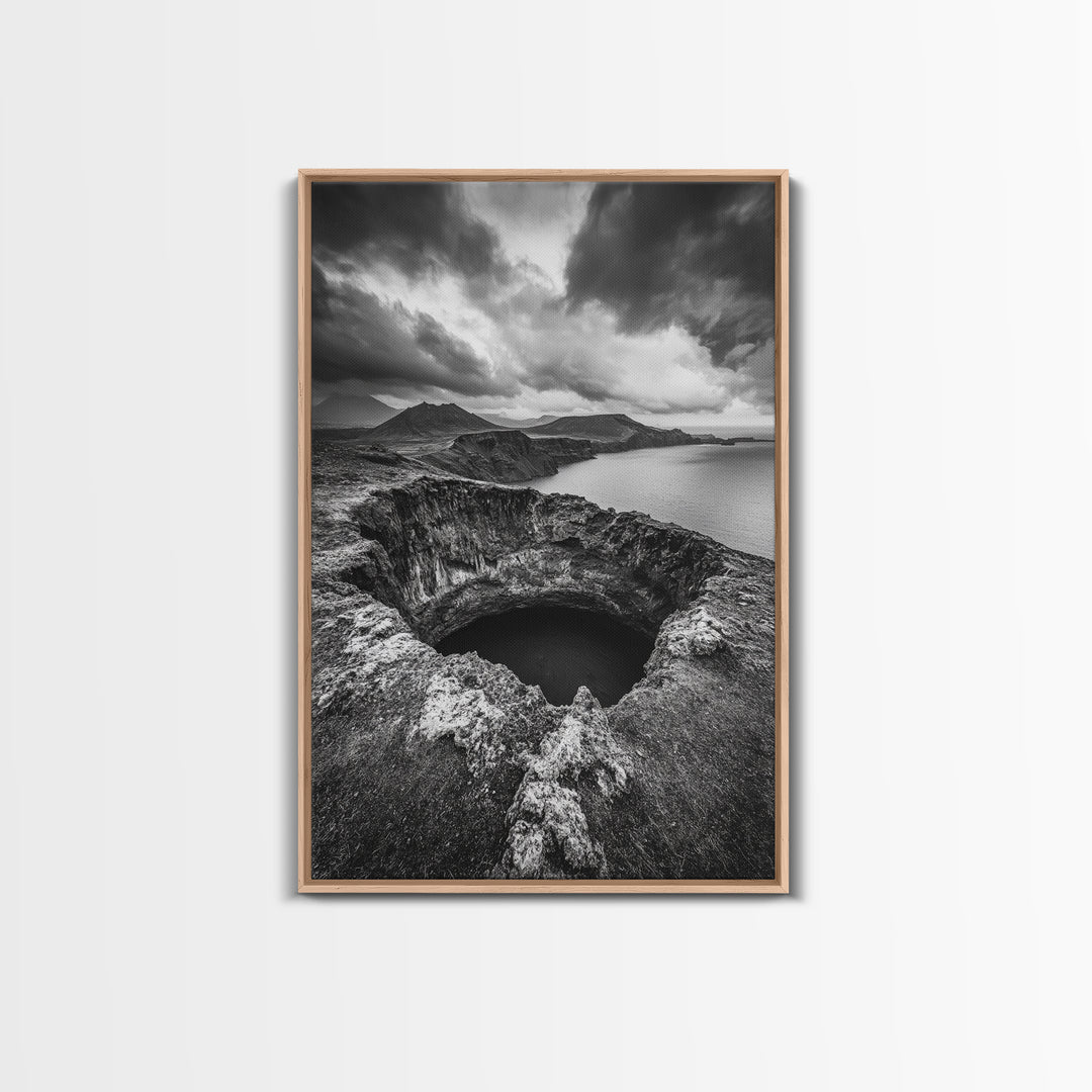 Crater Overlook Coast, Stormy Sky Mountains, Ocean Cliffs, Rugged Wilderness, Canvas Print, Den Wall Art, Moody Black and White Art