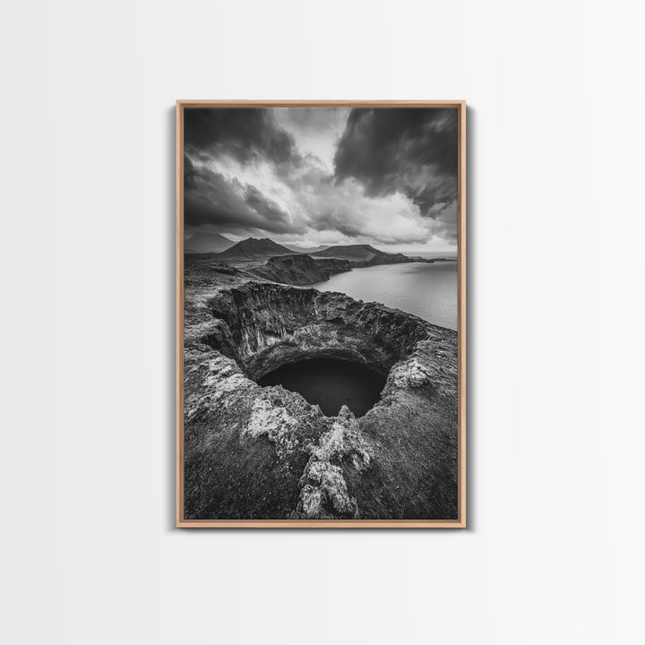 Crater Overlook Coast, Stormy Sky Mountains, Ocean Cliffs, Rugged Wilderness, Canvas Print, Den Wall Art, Moody Black and White Art