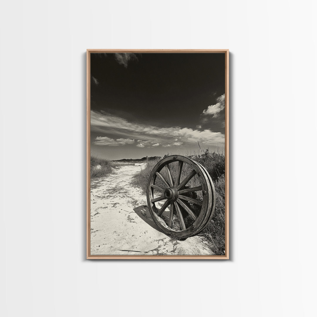 Desert Path, Wagon Wheel, Western Minimalism, Canvas Print, Boho Wall Decor, Neutral Tones, Entryway Art, Rustic Country Style