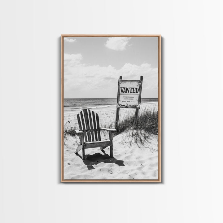 Wanted Poster, Beach Chair, Western Humor, Framed Canvas Print, Man Cave Decor, Coastal Country Style, Black and White Photography